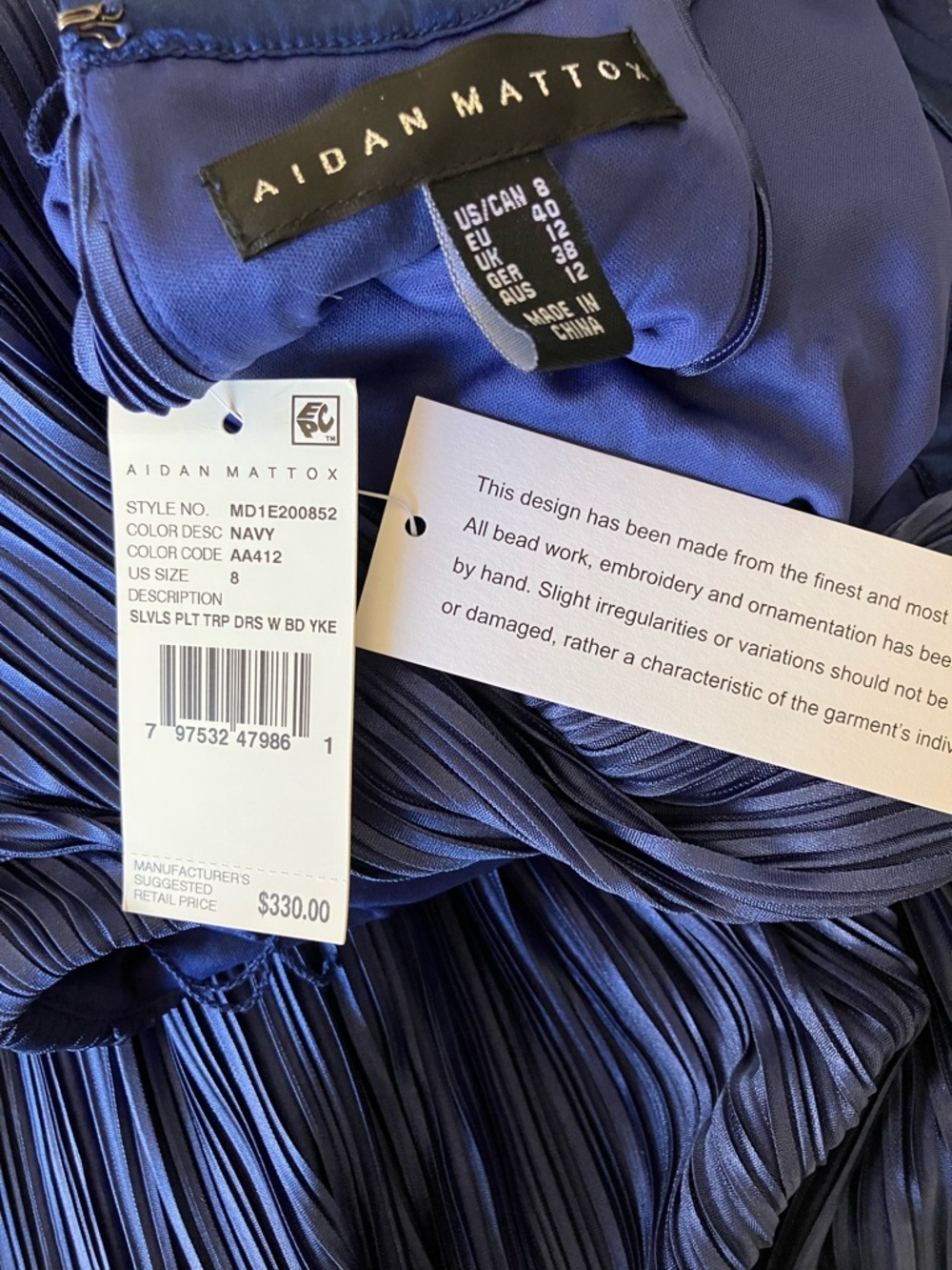 Aidan Mattox Navy Pleated Midi Dress Size 8 Beaded Yoke Sleeveless Wedding Guest - Picture 7 of 13